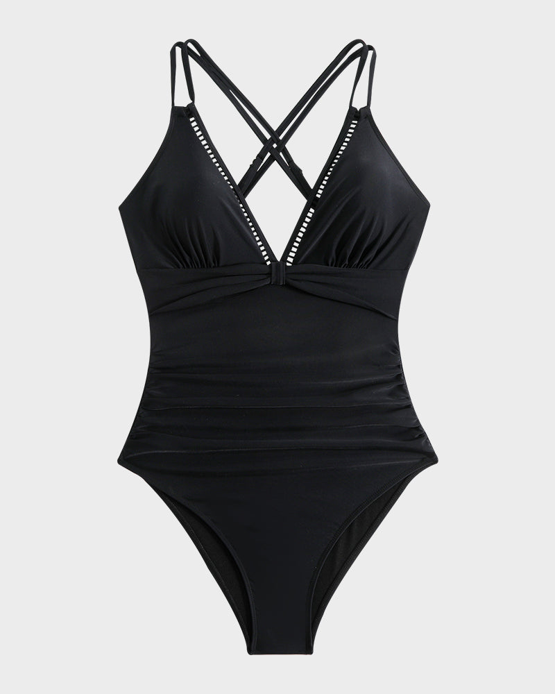 V-Neck Hollow Trim Knotted One-Piece Swimsuit