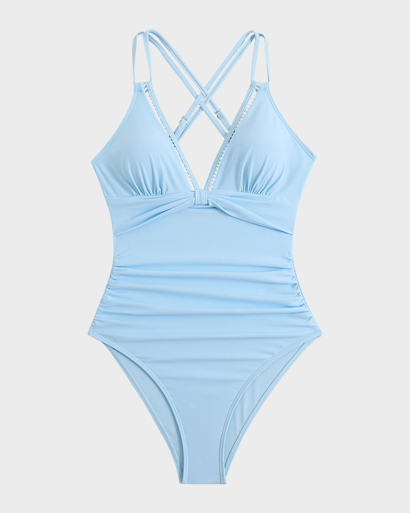 V-Neck Hollow Trim Knotted One-Piece Swimsuit