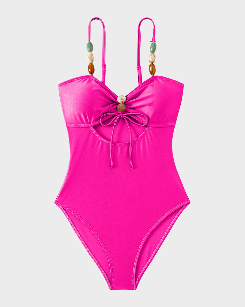 Stylish Beaded Satin Cut-Out Swimsuit