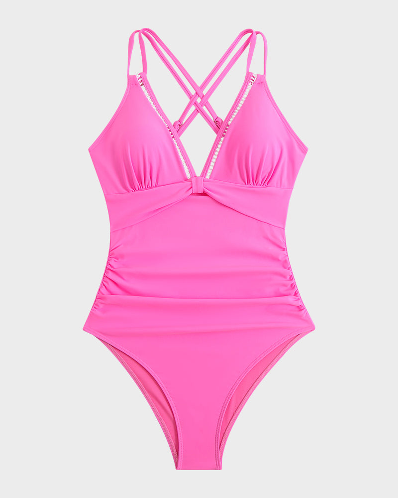 V-Neck Hollow Trim Knotted One-Piece Swimsuit