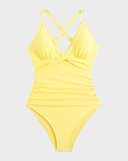 V-Neck Hollow Trim Knotted One-Piece Swimsuit