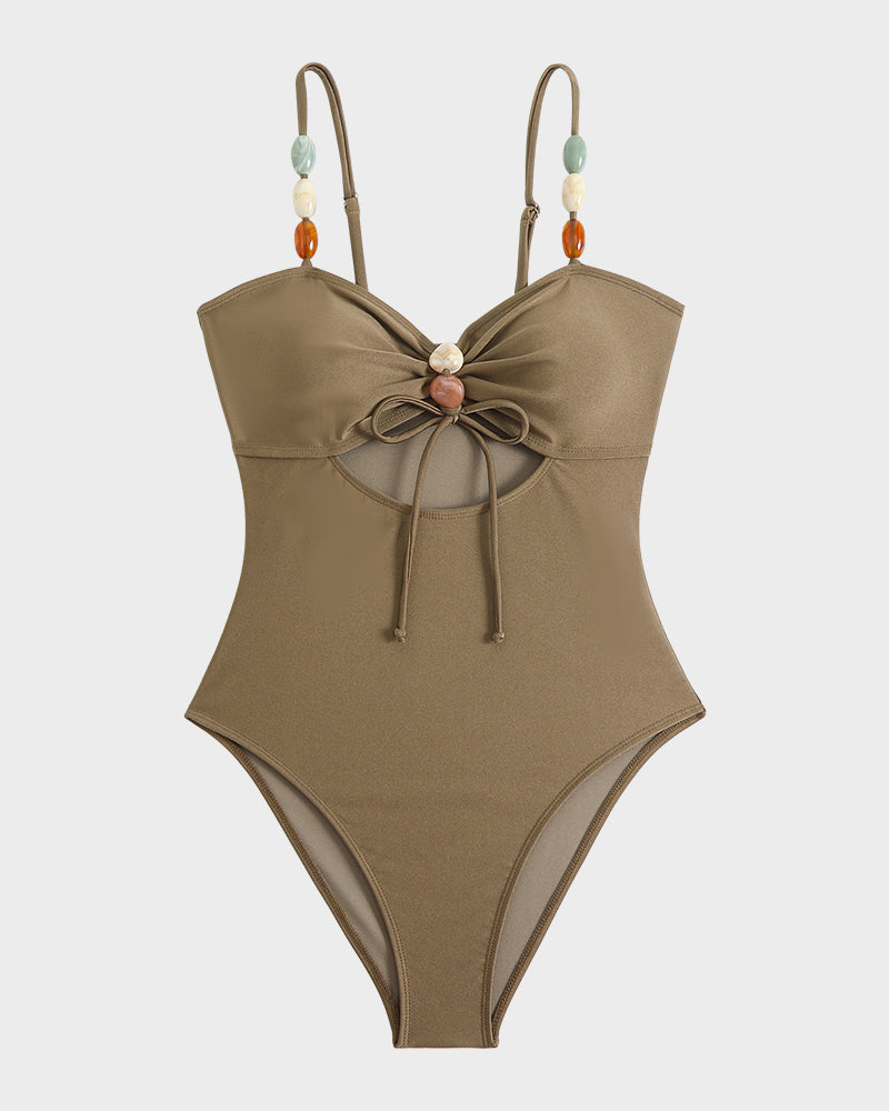 Stylish Beaded Satin Cut-Out Swimsuit